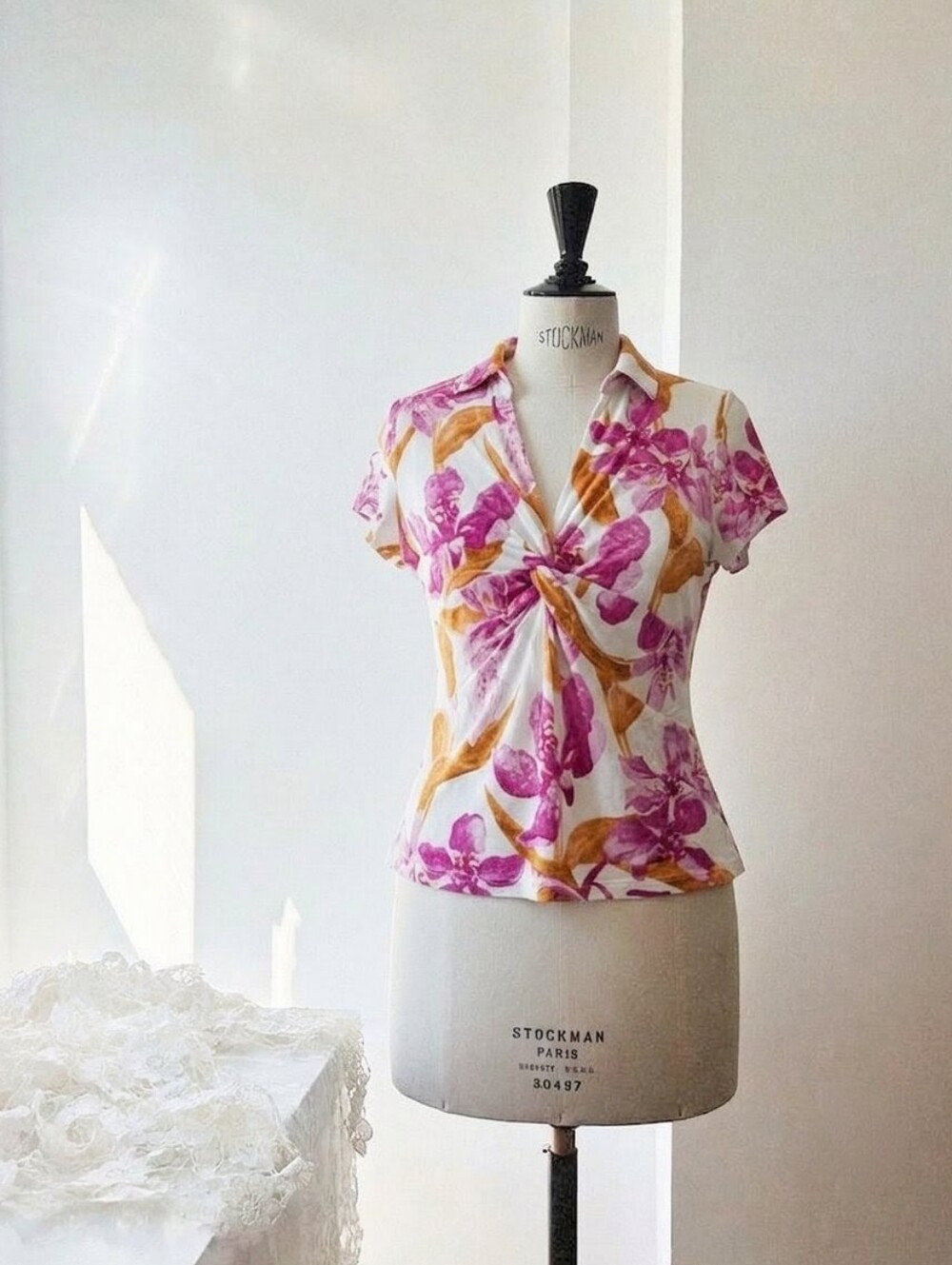 INC International Concepts White Top with Pink & Orange Floral Twist Front
